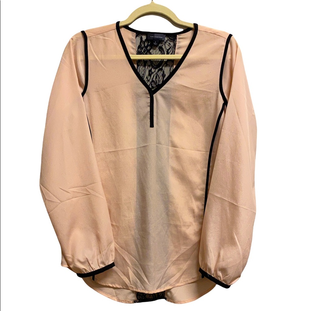 Blush Pink WHBM Long Sleeve Blouse with Black Lace Back